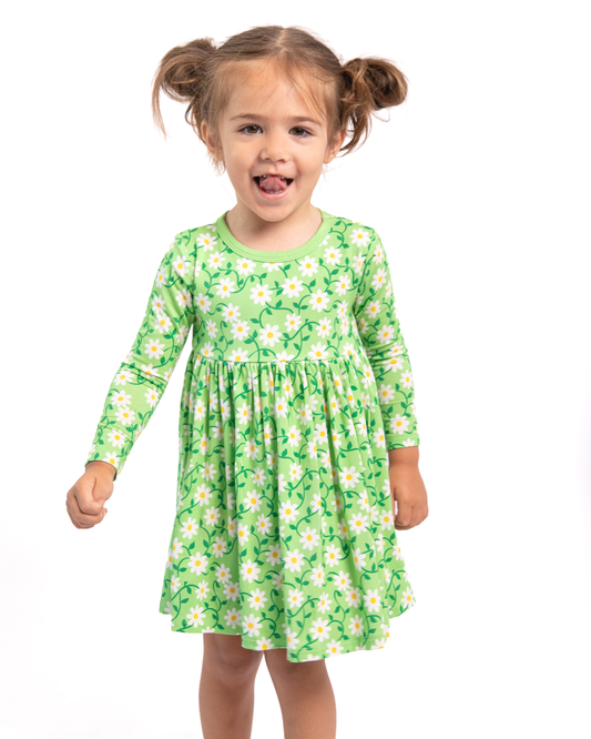 Bamboo Long Sleeve Skater Dress in Green Daisy