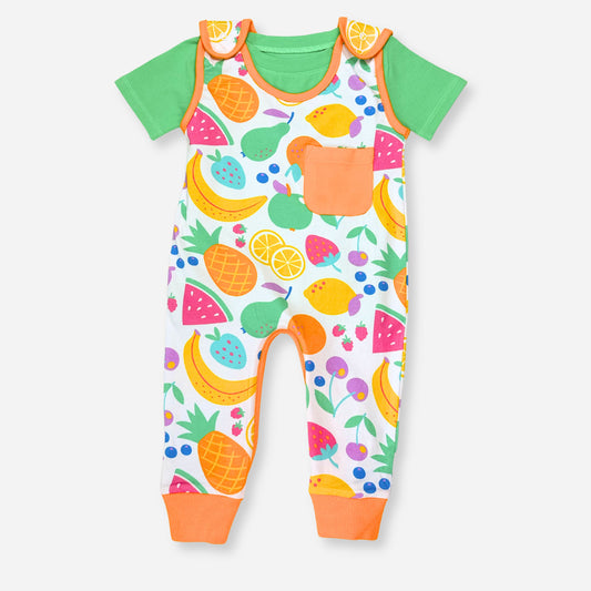 Colorful fruit-patterned infant romper with green tee, cotton material, playful design, and pocket detail.