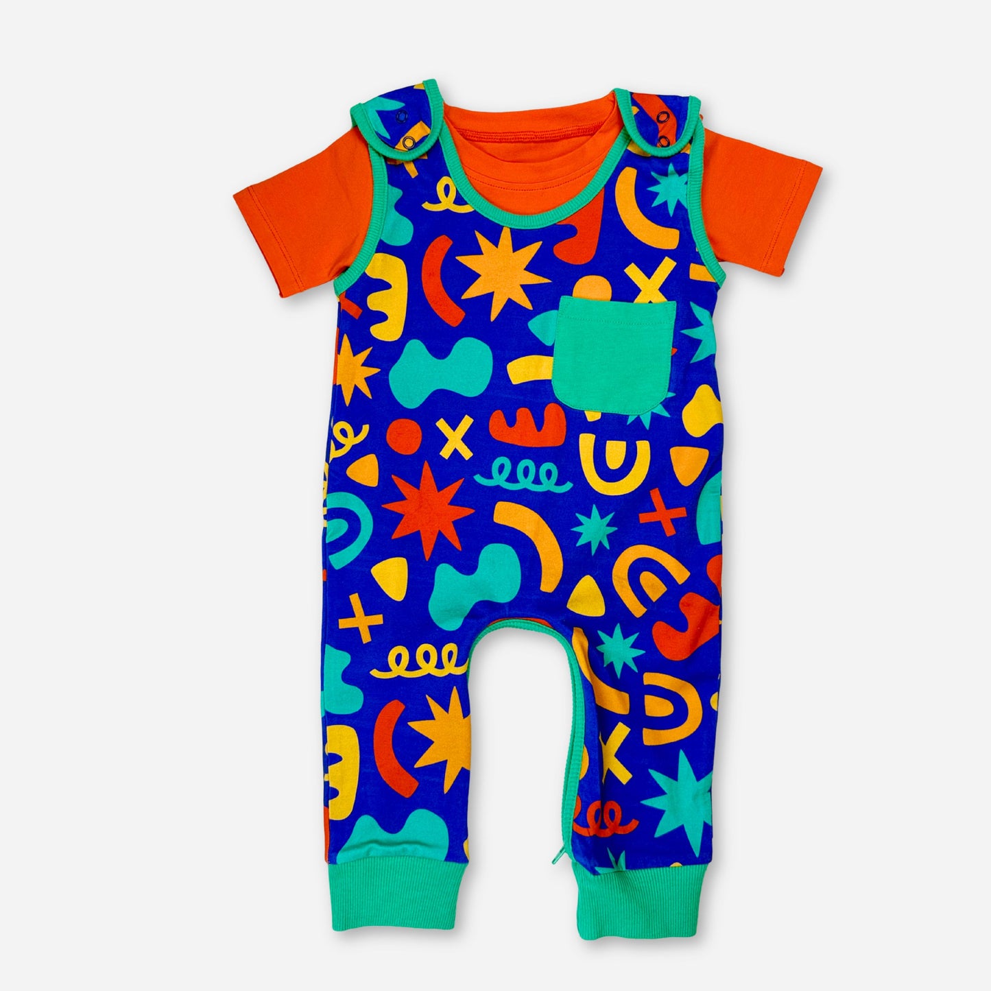 Colorful toddler overalls set with blue, orange, and green patterns, made of soft cotton material.