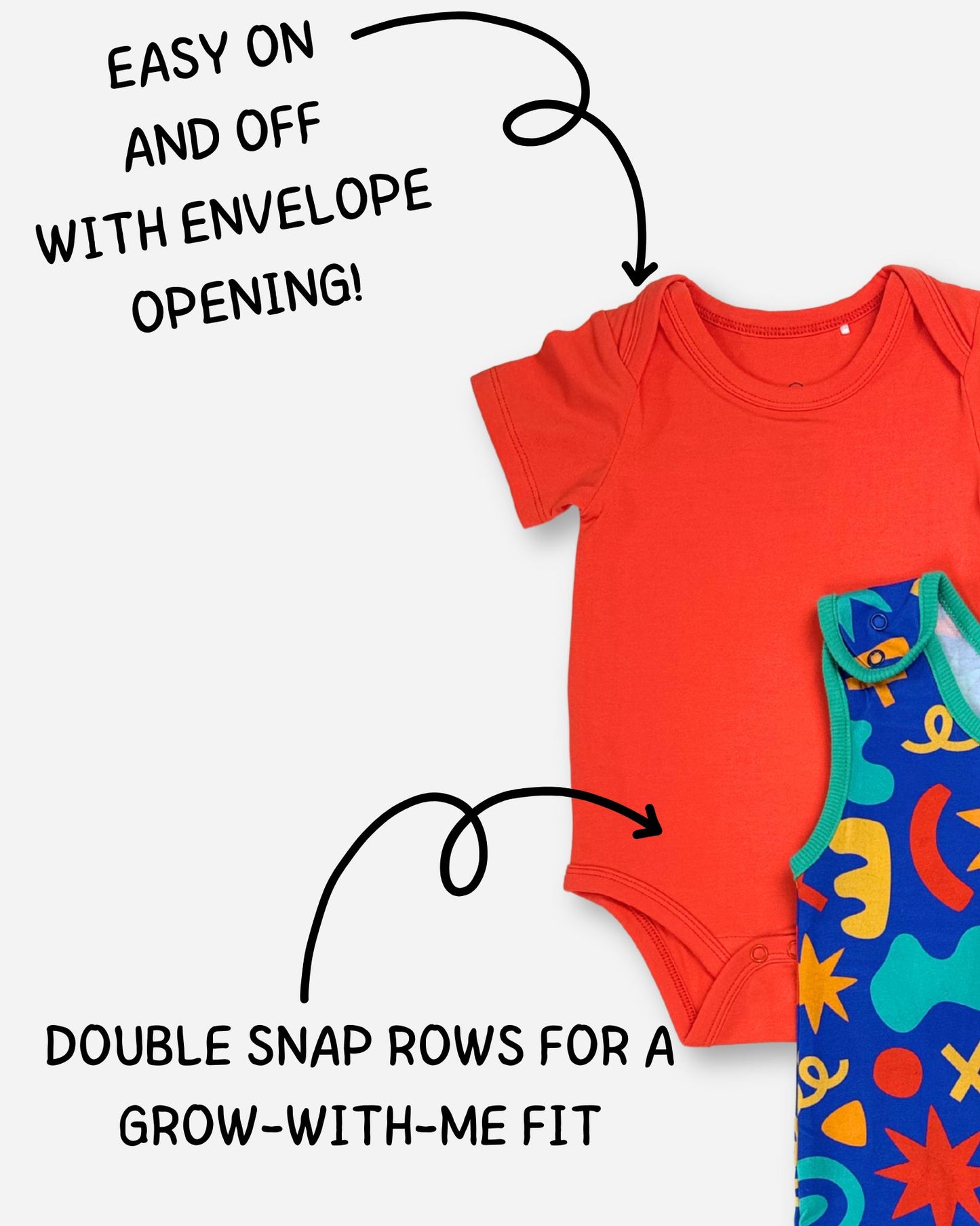 Bright red infant bodysuit with envelope opening and double snap rows for easy dressing and adjustable fit.