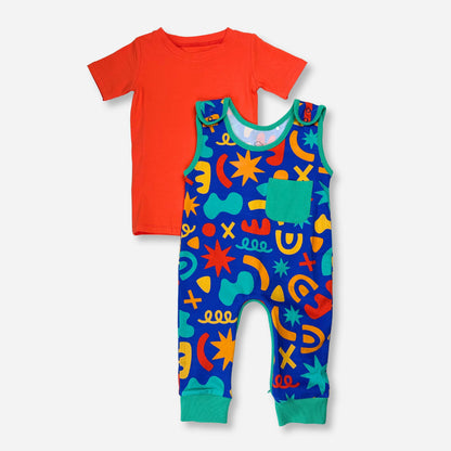 Colorful baby outfit set featuring a red t-shirt and blue patterned overalls with green accents.