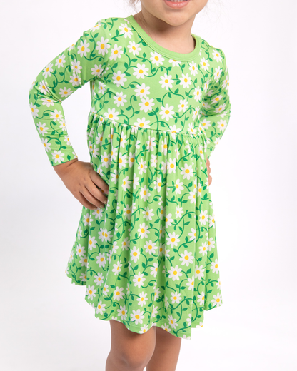 Bamboo Long Sleeve Skater Dress in Green Daisy
