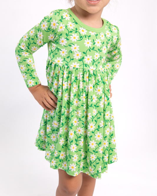 Bamboo Long Sleeve Skater Dress in Green Daisy