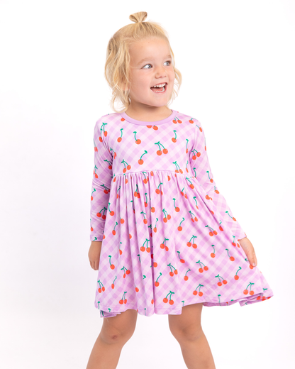 Bamboo Long Sleeve Skater Dress in Cherry Lavender