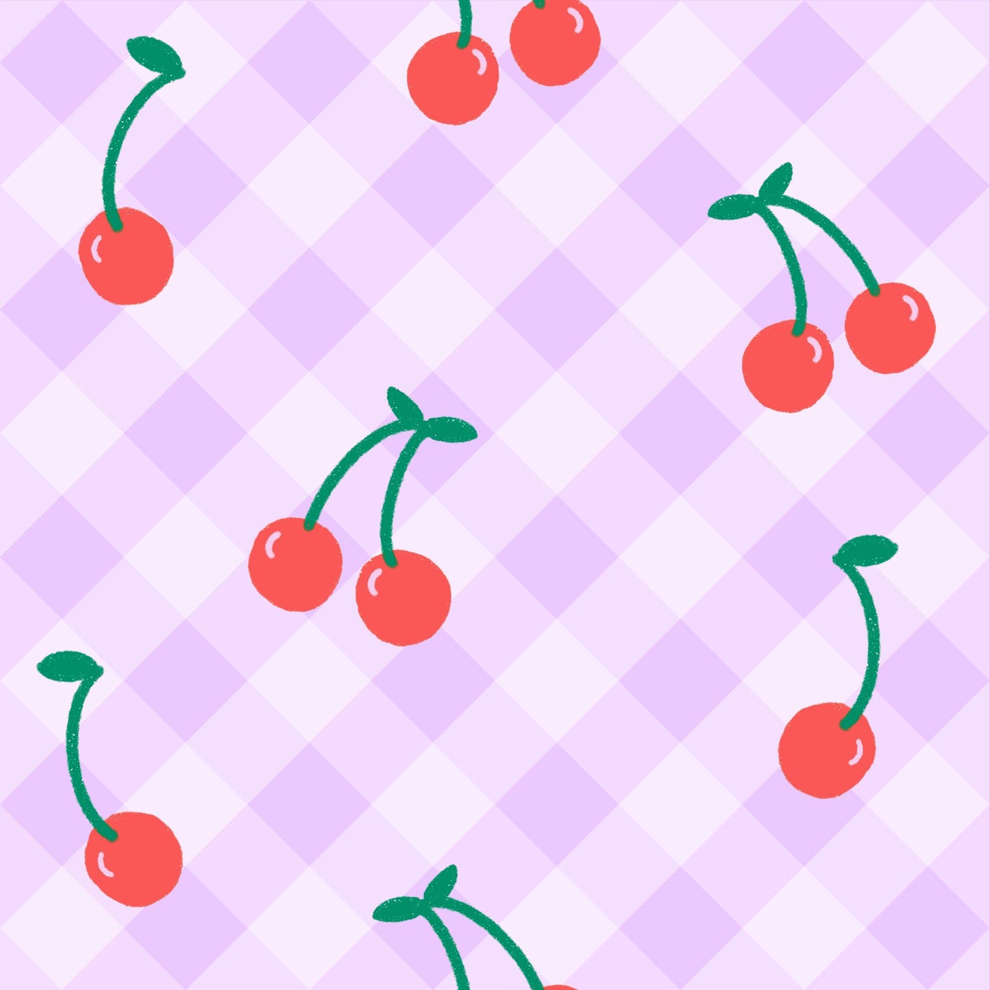 Cute pattern featuring red cherries on a light purple checkered background, ideal for textiles.