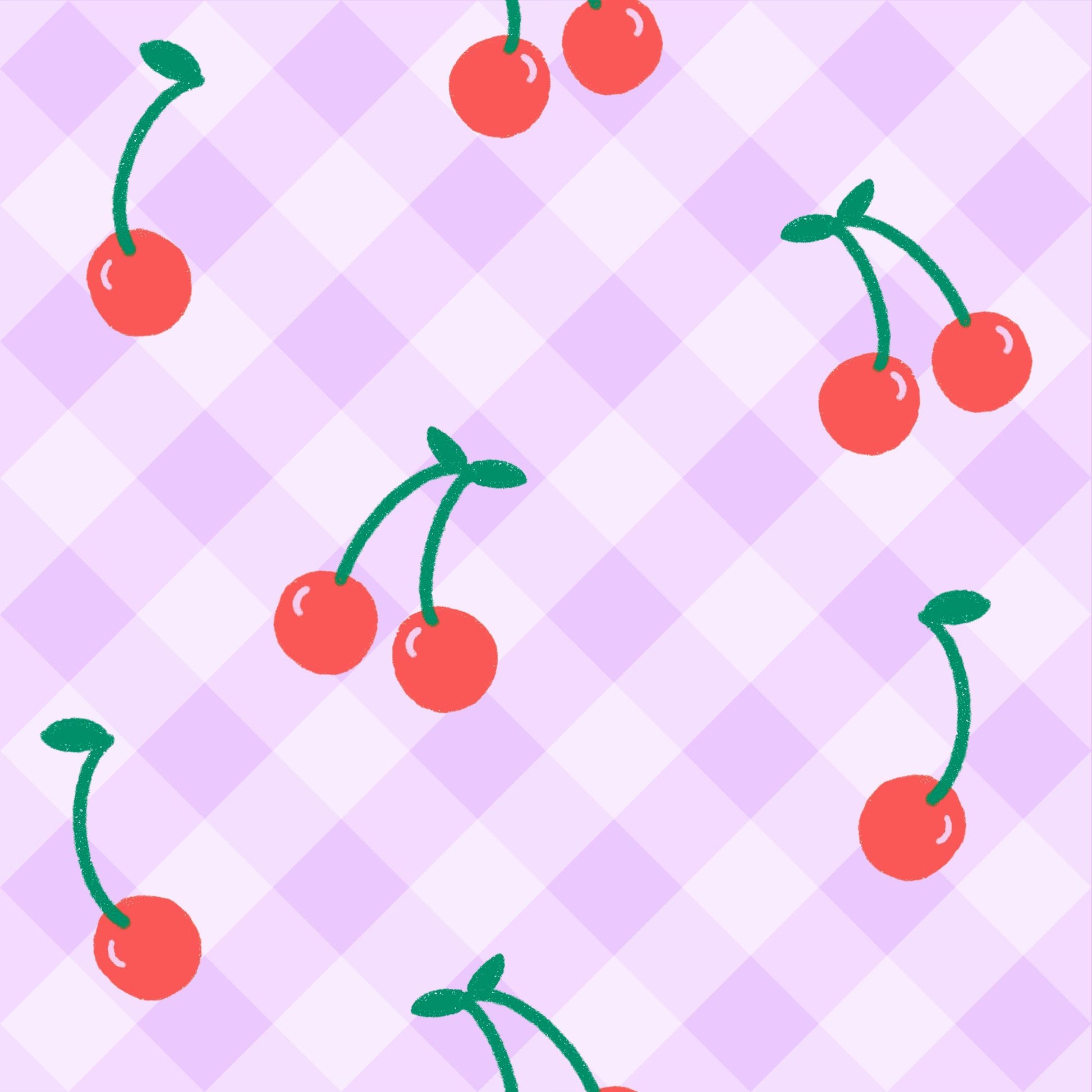 Cute pattern featuring red cherries on a light purple checkered background, ideal for textiles.