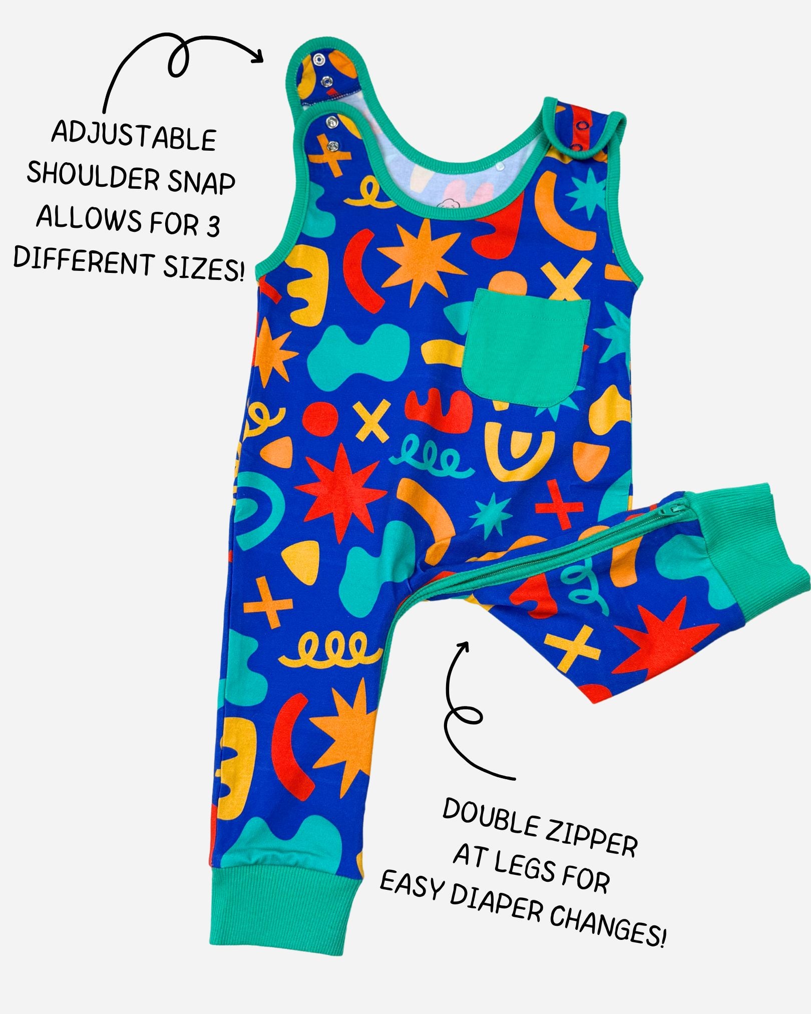 Colorful toddler jumpsuit with adjustable snaps and double zipper for easy diaper changes.