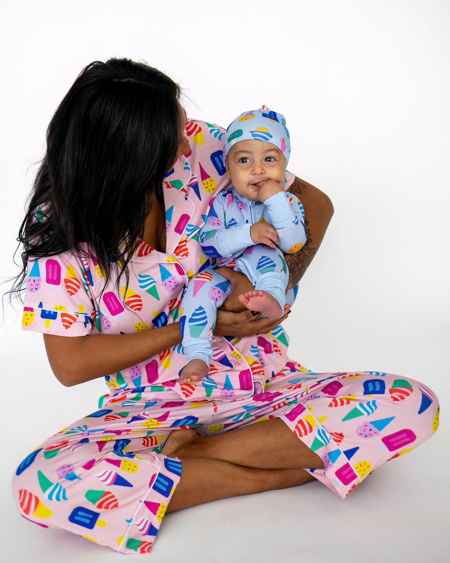 Matching colorful ice cream patterned loungewear for mom and baby, featuring soft cotton material.