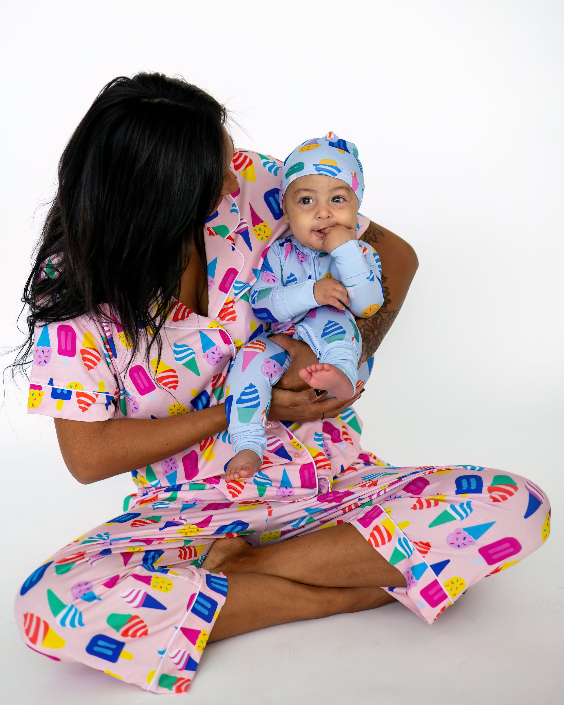 Matching colorful ice cream patterned loungewear for mom and baby, featuring soft cotton material.