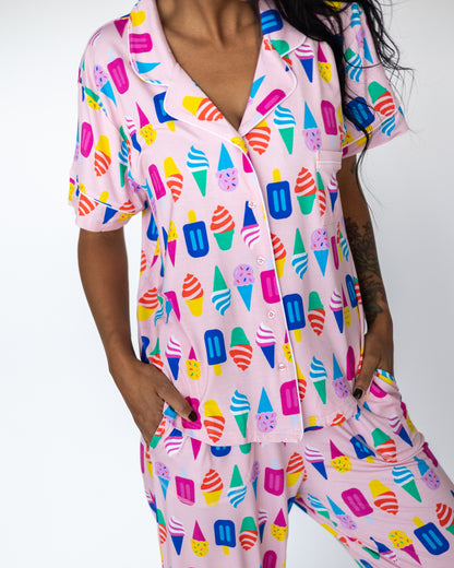 Colorful ice cream print pajama set in pink, made from soft cotton for comfort and style.