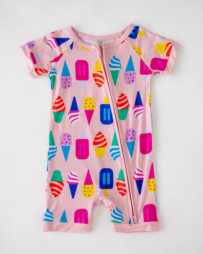 Colorful pink ice cream-themed baby romper with short sleeves and a front zipper, made from soft material.