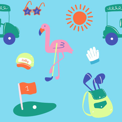 Colorful illustration featuring a pink flamingo, golf gear, and summer accessories on a blue background.